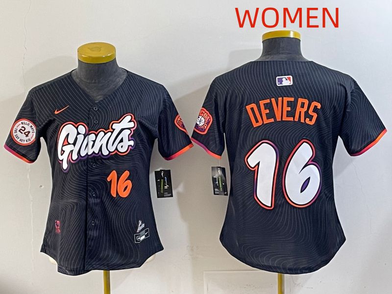 Women 2025 San Francisco Giants 16 Devers Black Joint Name Nike MLB Jersey style 010